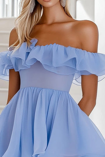 Blue A Line Ruffled Off the Shoulder Mini Cocktail Dress